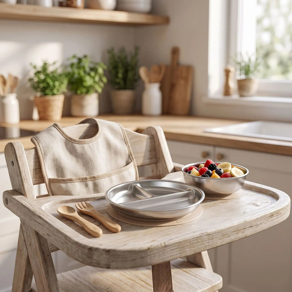 Assiette bebe inox beige