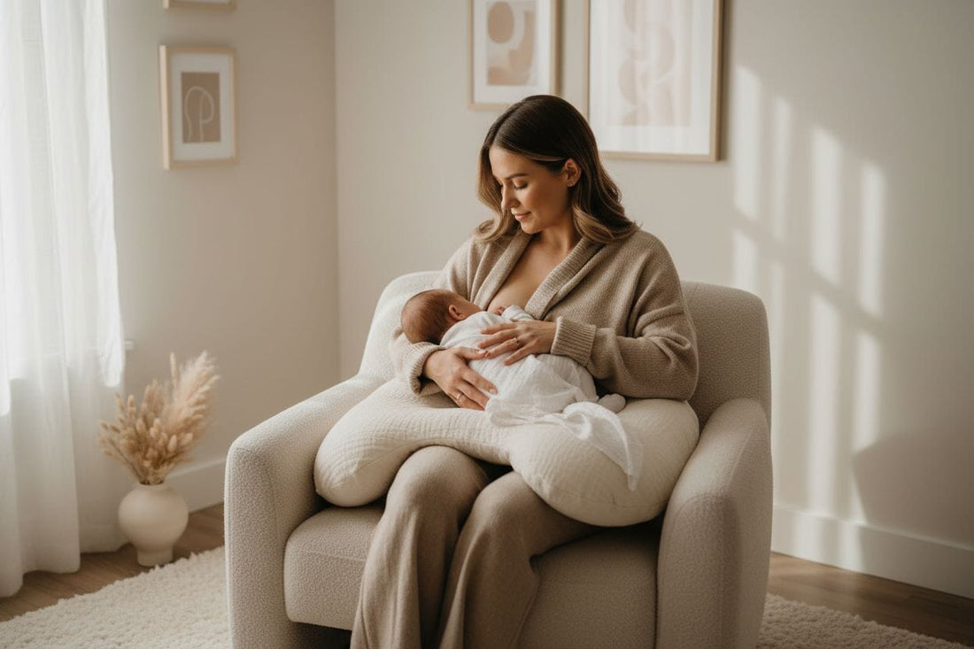 Maman allaitant son bébé avec un coussin d'allaitement, ambiance douce et cocooning