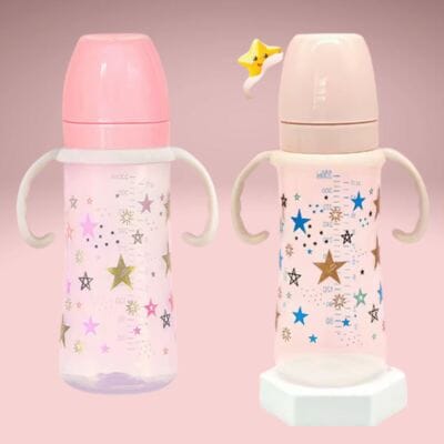 Biberon-résistant-aux-chutes-Rose-étoiles-blanches-étoiles