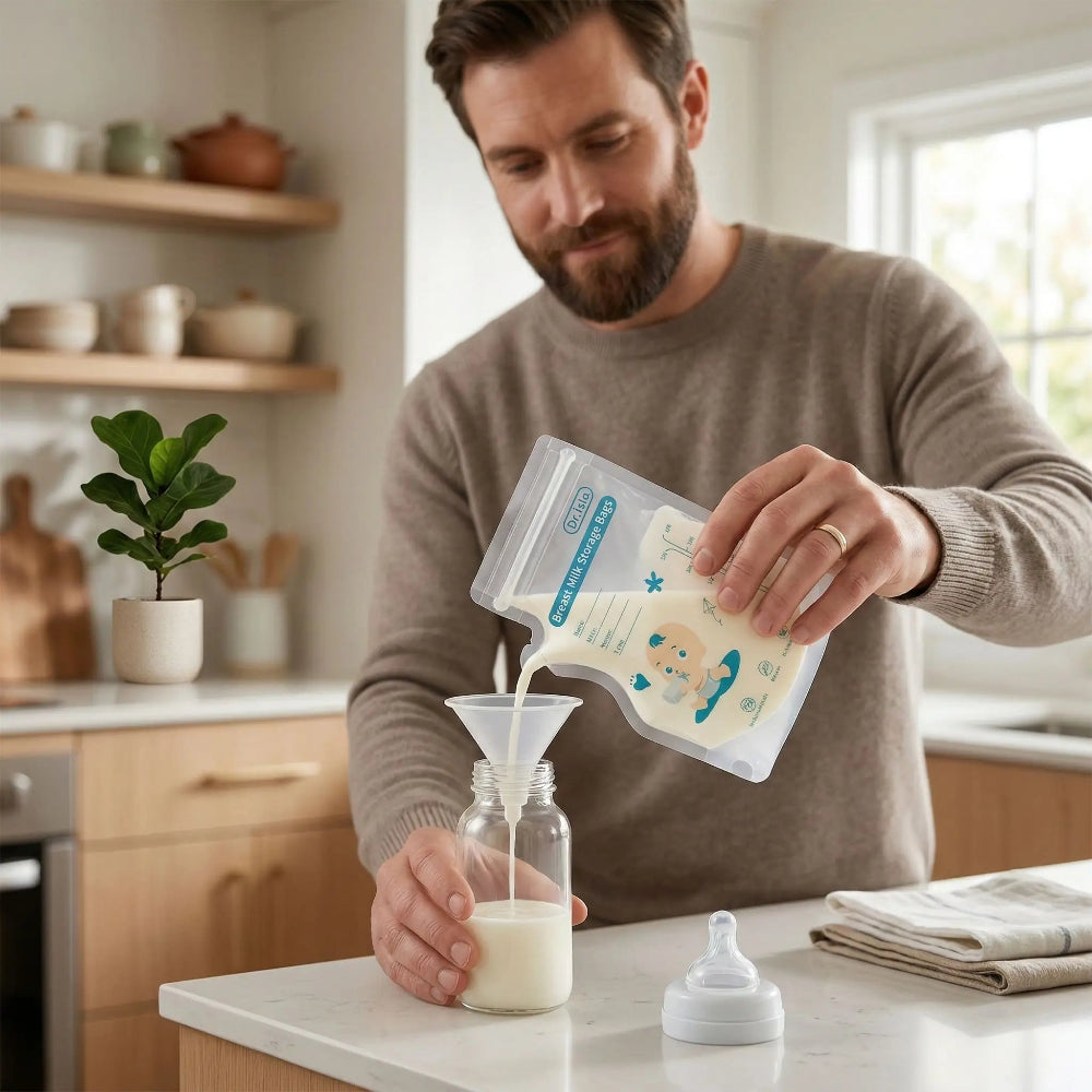 Sachet Conservation Lait maternel papa prépare le lait