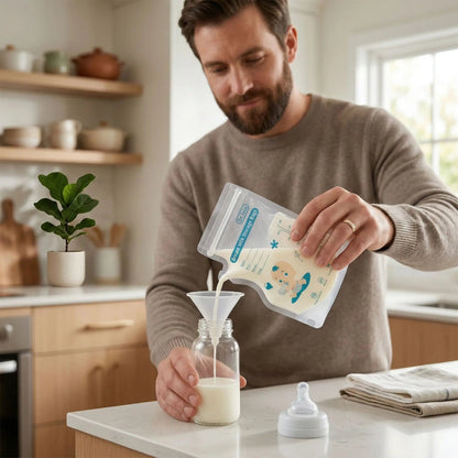 Sachet Conservation Lait maternel papa prépare le lait