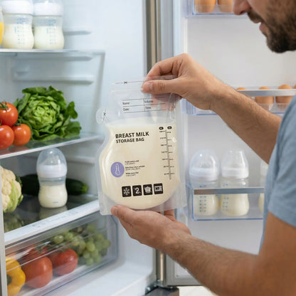 Sachet de conservation lait maternel bien arranger a plat ou debout dans le frigidaire