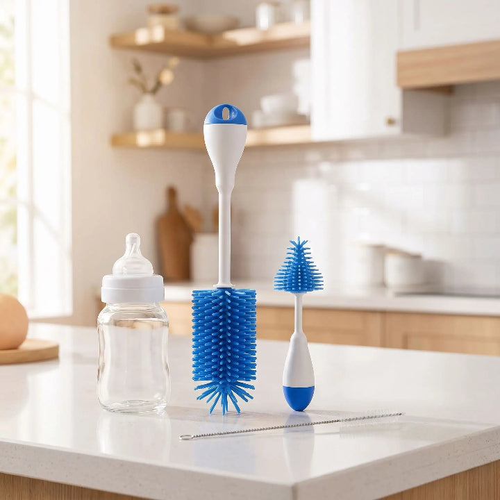 Brosse biberon 3 en 1 silicone bleu